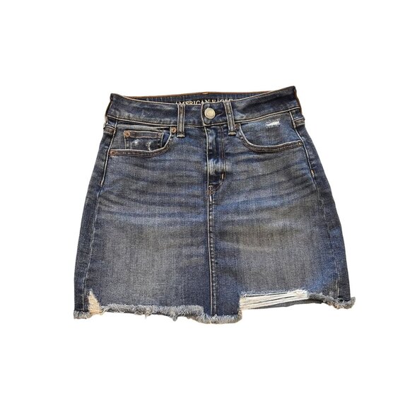 American Eagle Distressed Medium Wash Super Stretch Mini Blue Jean Skirt Size 2 - Picture 1 of 5